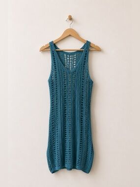 Blue Crochet Cover Up Dress Beach Boho Festival Swim M